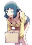  bent_over black_bra blue_eyes blue_hair box bra breasts cardboard_box cleavage denim denim_shorts downblouse gundam gundam_build_fighters holding holding_box iori_rinko large_breasts lips long_hair long_sleeves mature shiny shiny_hair shorts sidelocks smile solo standing sweater ueyama_michirou underwear white_background 