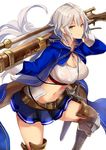  boots braid breasts brown_eyes cleavage crop_top granblue_fantasy gun haik highres large_breasts long_hair looking_at_viewer midriff navel rifle silva_(granblue_fantasy) silver_hair skirt solo sword tailcoat thigh_boots thighhighs thighs very_long_hair weapon 