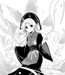  chinese_clothes dress greyscale hat junko_(touhou) long_hair long_sleeves makuwauri monochrome ribbon sash smile solo tabard touhou very_long_hair wide_sleeves 