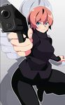  blue_eyes breasts gun handgun highres large_breasts looking_at_viewer nisego pink_hair pistol serious short_hair solo turtleneck weapon 