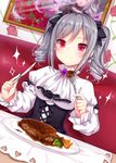  amashiro_natsuki ascot bow brooch corset drill_hair dutch_angle flower food fork hair_bow highres idolmaster idolmaster_cinderella_girls jewelry juliet_sleeves kanzaki_ranko knife long_sleeves looking_at_viewer painting plate puffy_sleeves red_eyes red_flower red_rose rose shirt silver_hair skirt smile solo sparkle table twin_drills 