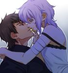  1girl arm_around_neck bandages black_hair claudia_hortensia couple cross cross_necklace eyepatch fate/stay_night fate/zero fate_(series) hetero husband_and_wife imminent_kiss jewelry kotomine_kirei looking_at_another necklace parted_lips short_hair upper_body white_hair yellow_eyes zanshi 