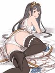  ass bare_shoulders black_hair black_legwear brown_eyes china_dress chinese_clothes dress gloves goggles goggles_on_head granblue_fantasy hanarito hime_cut jessica_(granblue_fantasy) long_hair looking_at_viewer lying no_shoes on_side panties solo thighhighs underwear 