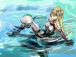  arm_support artist_name bare_shoulders bismarck_(kantai_collection) blonde_hair blush choker elbow_gloves gloves green_eyes hat in_water kantai_collection kuranoko_emaki long_hair looking_at_viewer looking_up sitting solo thighhighs wet 