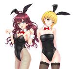  animal_ears arms_behind_back bare_shoulders blonde_hair bow bowtie breasts brown_hair bunny_ears bunny_girl bunny_tail bunnysuit cleavage covered_navel detached_collar fishnet_pantyhose fishnets green_eyes head_tilt highres ichinose_shiki idolmaster idolmaster_cinderella_girls infinote lace lace-trimmed_thighhighs lazy_lazy_(idolmaster) long_hair medium_breasts miyamoto_frederica multiple_girls pantyhose paw_pose short_hair simple_background smile tail thighhighs white_background wrist_cuffs 