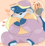  &lt;3 2016 abstract_background anthro bed belly big_belly blush cat clothed clothing dialogue doraemon embarrassed eyes_closed fangs feline front_view fully_clothed hat hug hyaku1063 japanese_text long_tail male mammal nekojara obese open_mouth overweight overweight_male pajamas pillow pillow_hug shy simple_background sitting spread_legs spreading teeth text thick_thighs tongue translation_request whiskers 