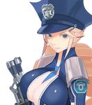  armor badge between_breasts blonde_hair blue_eyes blue_neckwear blue_shirt breasts closed_mouth colored_eyelashes drill_hair emblem flipped_hair from_side gloves gun gunslinger_stratos hair_ornament hairclip handgun hat holding holding_gun holding_weapon large_breasts long_hair looking_at_viewer necktie necktie_between_breasts open_clothes open_shirt pauldrons peaked_cap police police_badge police_hat police_uniform policewoman shirt sidelocks simple_background smile solo tendouji_sarah trigger_discipline twin_drills uniform upper_body weapon white_background yuuki_(irodo_rhythm) 