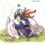  amaterasu black_hair closed_eyes crossover furofuki_daikon issun japanese_clothes lying male_focus mikazuki_munechika miniboy multiple_boys ookami_(game) sleeping touken_ranbu wolf 