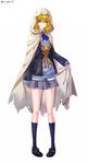  aqua_eyes ascot blonde_hair blue_legwear cape furofuki_daikon genderswap genderswap_(mtf) hood kneehighs pigeon-toed skirt solo sweater touken_ranbu yamanbagiri_kunihiro 