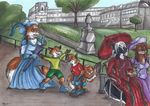  anthro breasts canine child cleavage clothed clothing cub dress faelis feline female fox fully_clothed group hat male mammal outside parasol park pictures_at_an_exhibition skunk twillight young 