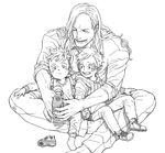  backpack bag bandaid bandaid_on_face child edward_newgate greyscale jou_(15388646) lineart long_hair male_focus marco monochrome multiple_boys one_piece randoseru shoes smile thatch younger 