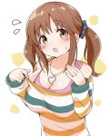  1girl bangs blush breasts brown_eyes brown_hair cleavage collarbone ddak5843 eyebrows_visible_through_hair flying_sweatdrops hands_up head_tilt heart heart_necklace idolmaster idolmaster_cinderella_girls long_hair long_sleeves looking_at_viewer medium_breasts open_mouth shirt simple_background sleeves_past_wrists solo striped striped_shirt sweat totoki_airi twintails upper_body white_background 