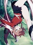  1girl action backflip braid breasts fate/grand_order fate_(series) florence_nightingale_(fate/grand_order) forest kicking large_breasts migi12hidari8 nature pink_hair red_eyes skirt upside-down werewolf white_legwear 