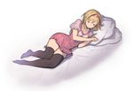  black_legwear blonde_hair blush brown_eyes djeeta_(granblue_fantasy) dress fighter_(granblue_fantasy) granblue_fantasy hanarito highres lying on_side open_mouth pillow short_hair solo thighhighs 