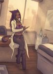  animal_ears boots breasts cleavage contemporary dark_skin desk final_fantasy final_fantasy_xiv flower indoors lipstick long_hair makeup medium_breasts miqo'te office on_desk pantyhose pen picture_(object) red_eyes shorts sitting sitting_on_desk solo soranamae tail tower window 