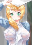  absurdres blonde_hair blush breasts covered_nipples ellen_baker green_eyes highres large_breasts new_horizon nipples o_o rain see-through shizuoxing_kof solo wet wet_clothes 