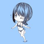  ;) alternate_costume bare_shoulders barefoot bikini blue blue_background chibi closed_mouth commentary_request fubuki_(kantai_collection) heart kantai_collection kouji_(campus_life) low_ponytail monochrome one_eye_closed ponytail short_hair short_ponytail side-tie_bikini sketch smile solo swimsuit 