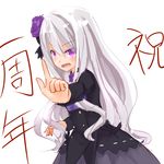 character_request copyright_request flower hair_flower hair_ornament himajin_(starmine) index_finger_raised long_hair open_mouth purple_eyes solo white_hair 