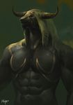  abs anthro black_skin blonde_hair bovine bust_portrait green_background hair horn humanoid korhiper male mammal minotaur muscular navel nude pecs portrait simple_background tattoo yellow_eyes 