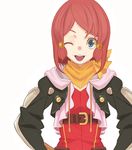  black_jacket blue_eyes jacket one_eye_closed open_mouth red_hair rose_(tales) scarf smile solo tales_of_(series) tales_of_zestiria yellow_scarf yuuki_(irodo_rhythm) 
