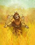  abstract_background ambiguous_gender anthro blue-paper canine clothed clothing coyote ears_up eyes_closed field group hood looking_at_viewer mammal ornament outside robes shawl standing welcoming wheat yellow_theme 