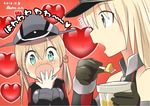  ahenn aqua_eyes bismarck_(kantai_collection) blonde_hair blush commentary_request covering_mouth dated food fork grey_eyes hand_over_own_mouth hat heart kantai_collection multiple_girls open_mouth prinz_eugen_(kantai_collection) pudding spoon translated 