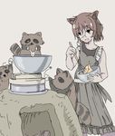  alternate_costume animal animal_ears apron bare_arms batter bowl brown_eyes brown_hair cooking egg eyebrows eyebrows_visible_through_hair food futatsuiwa_mamizou glasses mixing mixing_bowl open_mouth oshouyu_tabetai raccoon_ears round_eyewear short_hair sleeveless smile tanuki teamwork touhou 