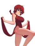  ass bad_id bad_pixiv_id bare_legs blue_eyes braid breasts china_dress chinese_clothes dress dress_lift genderswap genderswap_(mtf) highres large_breasts leg_up long_hair nanashi_maru no_panties ponytail ranma-chan ranma_1/2 red_hair saotome_ranma side_slit simple_background single_braid smile solo white_background 