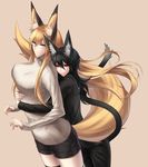  1girl animal_ears bad_id bad_pixiv_id black_legwear blush breasts cat_ears cat_girl cat_tail fox_ears fox_tail glasses highres hug hug_from_behind intertwined_tails large_breasts long_hair long_sleeves original ribbed_sweater short_shorts shorts sigm@ smile sweater tail thighhighs turtleneck 