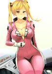  bad_id bad_pixiv_id bakuon!! bell biker_clothes bikesuit blonde_hair blush bodysuit breasts cameltoe cleavage collarbone commentary_request gloves ground_vehicle hair_bell hair_ornament highres large_breasts looking_at_viewer motor_vehicle motorcycle open_clothes orange_eyes pink_bodysuit purple_mii simple_background sitting solo suzunoki_rin twintails unzipped white_background white_gloves wide_sleeves 