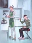  apron black_hair brown_eyes cooking eating food hat jojo_no_kimyou_na_bouken jojolion kira_yoshikage_(jojolion) kitchen kuujou_josefumi ladle male_focus multicolored_hair multiple_boys plate pompadour pot reammara sailor sailor_hat silver_hair sitting slippers two-tone_hair 