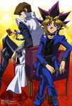  2boys absurdres belt black_hair blonde_hair blue_eyes brown_hair card chair choker highres kaiba_seto looking_at_viewer multicolored_hair multiple_boys mutou_yuugi official_art purple_eyes purple_hair shoes sitting trench_coat yu-gi-oh! yugioh yuu-gi-ou_duel_monsters 