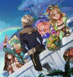  4girls animal_hood aqua_eyes aqua_hair atelier_(series) atelier_shallie ayesha_altugle belt blonde_hair blue_sky bouquet bracelet braid brown_belt brown_eyes brown_hair cat_hood choker closed_eyes collarbone day dress dutch_angle escha_malier facing_away flower hair_flower hair_ornament hand_up hat highres hood jewelry laughing logix_ficsario long_hair looking_at_viewer mizukiyan multiple_girls open_mouth outdoors pink_hair plant rainbow shallistera_(atelier) shallotte_elminus short_hair sky smile 