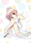  absurdres aoki_ume ballerina ballet_slippers bare_shoulders dress hair_bun highres kaname_madoka leg_hug mahou_shoujo_madoka_magica official_art pink_hair simple_background solo squatting 