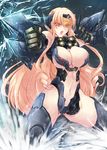  arm_blade armor blonde_hair breasts center_opening chest_cannon cleavage haganef large_breasts long_hair looking_at_viewer mecha_musume mechanical_arms navel ocean open_mouth orange_eyes pacific_rim personification revealing_clothes ringed_eyes robot_joints solo striker_eureka sword thighhighs very_long_hair water weapon 