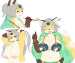  big_breasts breasts canine clothed clothing concon-collector female fox grey_hair hair hair_up hermit_fox_byakudan kyuuri mammal multi_tail nipples pipe simple_background skimpy solo topless yin_yang 