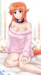  animal_ears arf bad_id bad_pixiv_id bare_shoulders blue_eyes blush breasts cleavage collar dog_collar familiar fang forehead_jewel large_breasts long_hair looking_at_viewer lyrical_nanoha mahou_shoujo_lyrical_nanoha nagashiro_rouge naked_sweater red_hair sitting smile socks solo sweater tail wolf_ears wolf_tail 