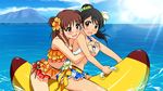  banana_boat bikini black_hair blush breast_grab breasts brown_hair d: double_bun flower grabbing grabbing_from_behind groping hair_flower hair_ornament highres idolmaster idolmaster_cinderella_girls multiple_girls munakata_atsumi ocean open_mouth purple_eyes sanshita swimsuit wavy_mouth yaguchi_miu yuri 