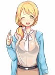  ;d atg_(wttoo0202) bad_id bad_pixiv_id blonde_hair chalk ellen_baker highres long_hair low_ponytail new_horizon one_eye_closed open_mouth ponytail scrunchie sketch smile solo teacher 