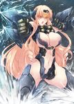  arm_blade armor blonde_hair breasts center_opening chest_cannon cleavage haganef large_breasts long_hair looking_at_viewer mecha_musume mechanical_arms navel ocean open_mouth orange_eyes pacific_rim personification rain revealing_clothes ringed_eyes robot_joints solo striker_eureka sword thighhighs very_long_hair water weapon 