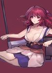  ainy77 bad_id bad_pixiv_id breasts cleavage hair_bobbles hair_ornament large_breasts onozuka_komachi red_background red_hair scythe simple_background sitting sketch solo touhou two_side_up 