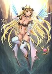  armor bikini_armor blonde_hair boots braid canyon castle chain chasm collar day detached_sleeves elf flying full_body highres holding legs long_hair looking_at_viewer outdoors panties path pointy_ears road scepter solo sphere staff sunlight tattoo thighhighs underwear very_long_hair village wand wings youbou 
