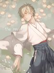  afloat blonde_hair expressionless flower from_above hakama hip_vent japanese_clothes kimono long_sleeves lying male_focus on_back original parted_lips partially_submerged petals seishun_arinko shosei solo text_focus water white_hair 