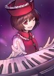  ainy77 bad_id bad_pixiv_id brown_hair instrument keyboard_(instrument) long_sleeves looking_at_viewer lyrica_prismriver music one_eye_closed open_mouth playing_instrument purple_background red_eyes short_hair simple_background sketch smile solo touhou 