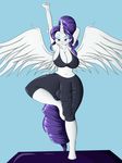 2016 anthro anthrofied blue_background blue_eyes breasts cleavage clothed clothing dickgirl equine eyeshadow friendship_is_magic hair half-closed_eyes hand_behind_head hi_res hooves horn intersex makeup mammal my_little_pony navel penis_outline purple_hair raised_arm rarity_(mlp) simple_background solo suirano winged_unicorn wings 