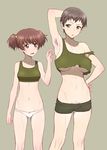  alisa_(girls_und_panzer) arm_behind_head armpit_hair blush breasts brown_hair girls_und_panzer grey_background hand_on_hip highres huge_breasts minazuki_juuzou multiple_girls naomi_(girls_und_panzer) navel panties pubic_hair pubic_hair_peek short_hair shorts simple_background small_breasts strap_slip sweatdrop twintails underboob underwear very_short_hair white_panties 