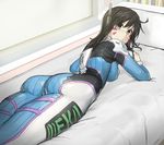  ahem!_(artist) ass black_eyes black_hair bodysuit breasts d.va_(overwatch) facial_mark highres long_hair looking_at_viewer looking_back lying on_stomach overwatch sketch skin_tight small_breasts solo thighs whisker_markings 