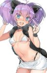  :d black_panties blue_eyes blush breasts choker cleavage covered_nipples miniskirt naso4 open_mouth original panties pregnancy_test purple_hair simple_background skirt small_breasts smile solo teeth thong twintails underwear white_background 
