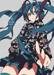  2016 character_name character_print from_below grin hatsune_miku headphones highres long_hair looking_at_viewer mochizuki_kei skirt smile solo twintails vocaloid 