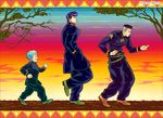  belt black_hair blue_hair closed_eyes disney dollar_sign gakuran grey_hair hands_in_pockets higashikata_jousuke hirose_kouichi jojo_no_kimyou_na_bouken male_focus multicolored_hair multiple_boys nijimura_okuyasu parody pompadour purple_hair school_uniform snapping_fingers sunset the_lion_king tree two-tone_hair uchiyama_lammy walking 